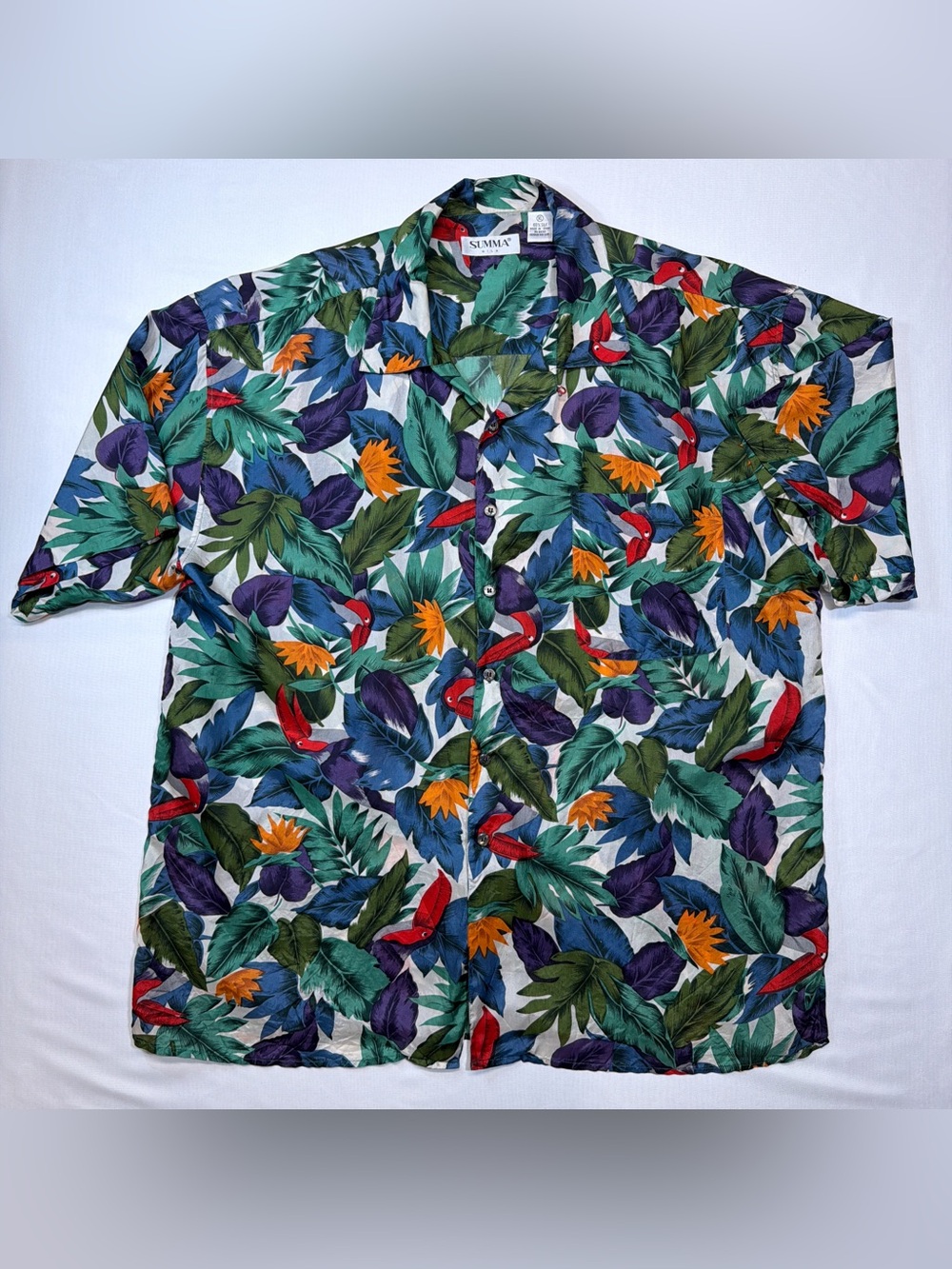 Summa Men's 100% Silk Tropical Leaf Print Button-Down Shirt Size XL